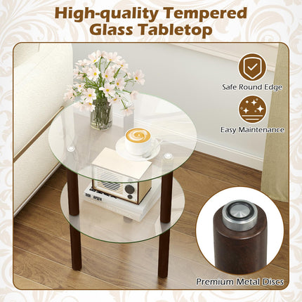 Dreamade Round/Square 2-Tier Sofa Side Table with Clear Tempered Glass Top & Shelf (1/2)