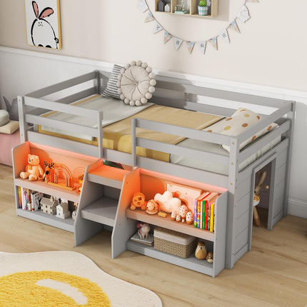 Dreamade Low Loft Bed with LED Lights, Wooden Twin Loft Bed with Stairs & Safety Guardrail