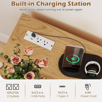 Dreamade End Table with Charging Station - Night Stand on Wheels