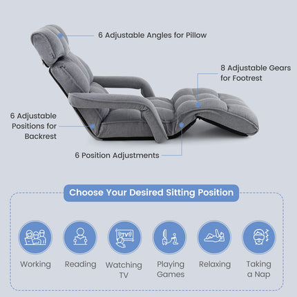Dreamade Foldable Lazy Sofa Bed, 6-Position Adjustable Floor Chair Chaise Lounge with Armrest and Footrest (Gray)