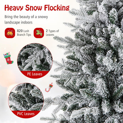 Dreamade 6ft Pre-Lit Snow Flocked Christmas Tree, Artificial Hinged Full Xmas Tree with 260 Multicolored LED Lights