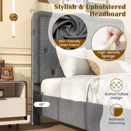 Dreamade Twin Size Bed Frame, Modern Linen Upholstered Platform Bed w/ 46" Tall Button Tufted Headboard