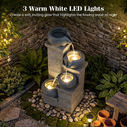 Dreamade 4-Tier Water Fountain Outdoor with Warm LED Lights & Pump