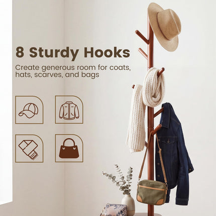 Dreamade 70" Solid Wood Clothing Rack with 8 Hooks and 2 Storage Shelves