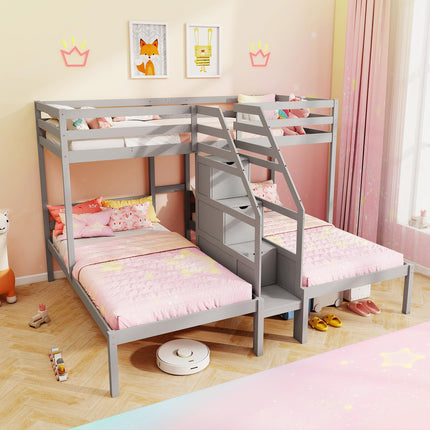 Dreamade Twin Over Twin & Twin Bunk Bed Triple Bunk Beds with 4-Step Storage Stair