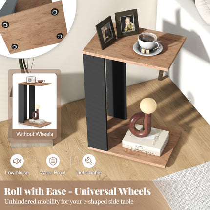Dreamade C Shaped End Table, 2-Tier Sofa Side Table with Universal Wheels & Storage Shelf