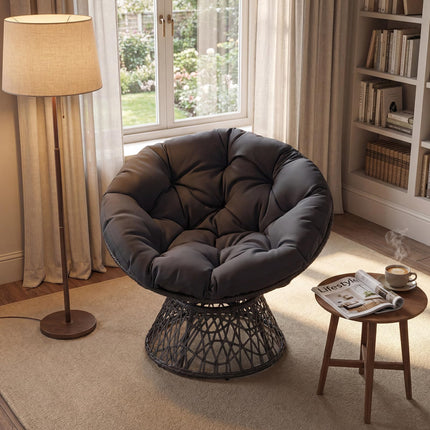 Dreamade 360° Swivel Papasan Chair | Round Wicker Lounge Chair with Thick Cushion and Metal Frame