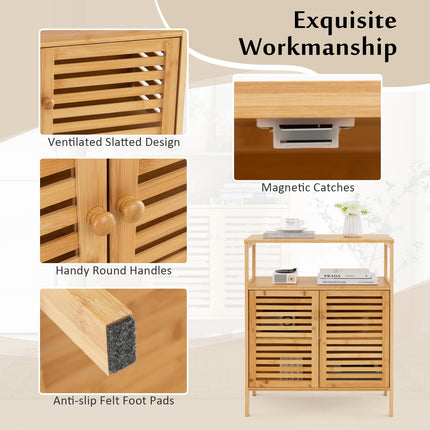 Dreamade Storage Cabinet, Bamboo Bathroom Floor Cabinet with Double Louvered Doors