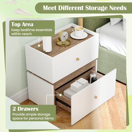 Dreamade Modern Nightstand with 2 Storage Drawers, Wooden Night Stand with Raised Edge