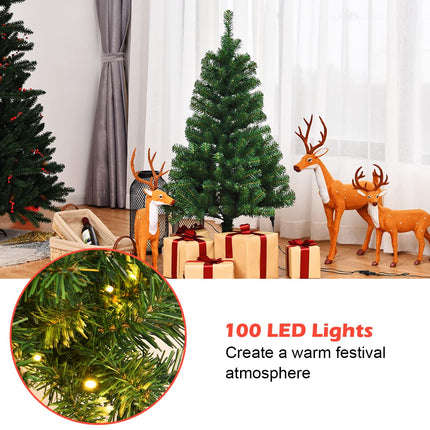 4ft Pre-Lit Christmas Tree, Artificial PVC Xmas Tree with 100 Warm White LED Lights and Stable Triangular Stand - DreamadeUS