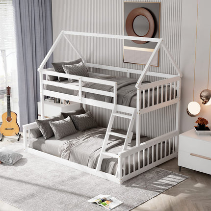 Dreamade Twin Over Full House Bunk Bed, Floor Low Bunk Bed Frame w/Integrated Ladder & Safety Guardrails