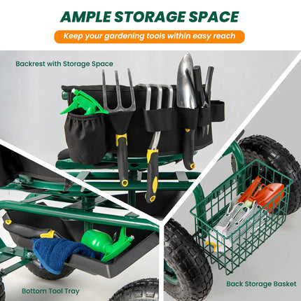 Dreamade Garden Cart, Rolling Workseat with 4 Wheels, Tool Tray, Removable Cushion, Storage Basket