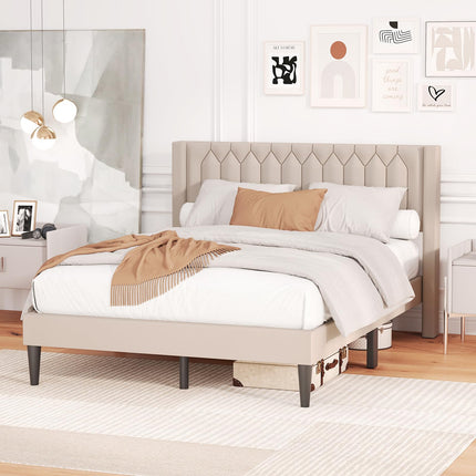 Dreamade Queen Size Dutch Velvet/Linen Fabric Upholstered Platform Bed with Wingback Headboard and Wooden Slat Support