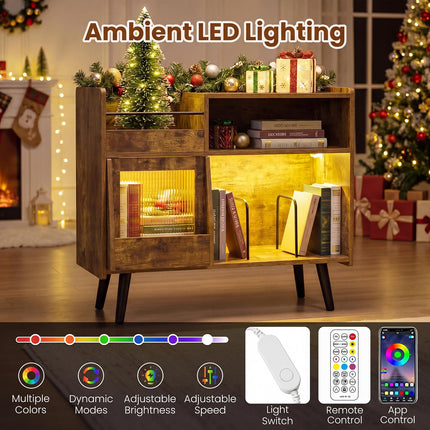 Dreamade Large Record Player Stand with LED Light& Sliding Door