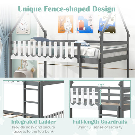 Dreamade Bunk Bed Twin Over Twin, Wood House Low Bunk Bed with Ladder & Fence Safety Guardrail