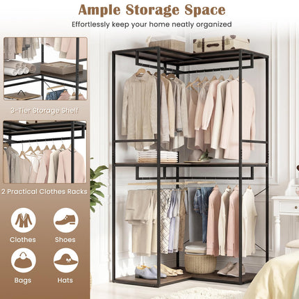 Dreamade Heavy Duty Clothes Rack | 3-Tier L-Shaped Garment Rack w/3 Open Shelves & 2 Hanging Racks