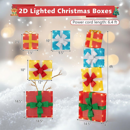 Dreamade 4 Ft Lighted Gift Boxes Stackable, Pre-lit Xmas Boxes Decoration w/LED Lights
