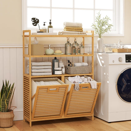 Dreamade Double Tilt Out 14 Gal Bamboo Laundry Hamper with 3-Tier Storage Shelf
