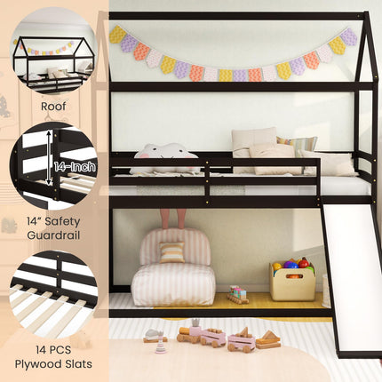 Dreamade House Bunk Bed Twin Over Twin with Slide and Storage Stairs, Solid Wood Low Loft Bed Frame with Roof & Guardrail