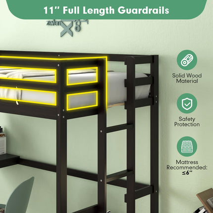 Dreamade Twin Size Loft Bed with Desk, Solid Wood Loft Bed with 2 Ladders & Full Length Guardrail