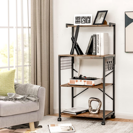 Dreamade Kitchen Baker Rack on Wheels, Industrial Utility Storage Shelf, with 3 Hooks (Rustic Brown)
