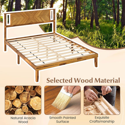 Dreamade Queen/Full/Twin Size Acacia Wood Platform Bed Frame Mid-Century Modern Bed Frame with Headboard