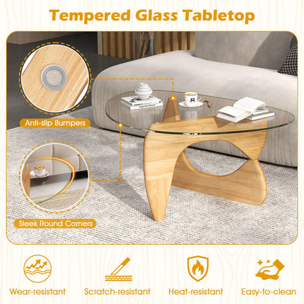 Dreamade Triangle Glass Coffee Table, Solid Wood Tea Table with Tempered Glass Top & Adjustable Base