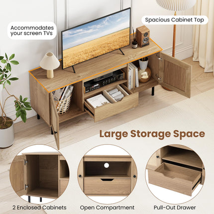 Dreamade Boho TV Stand for 50-60 Inch TV with Storage Cabinets Drawer & PE Rattan Doors