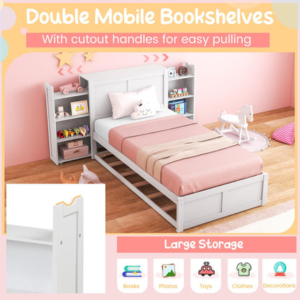 Dreamade Full Bed Frame with Twin Trundle, Wooden Bed Wooden Bed Frame with 2 Rolling Bookcases & High Headboard