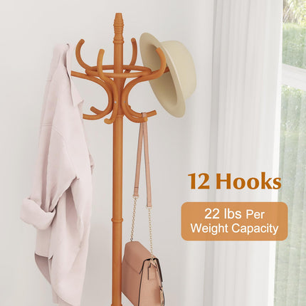 Dreamade Solid Wood Coat Rack, Freestanding Hall Tree w/12 Hooks, Umbrella Holder, Entryway Hanger Stand for Coat