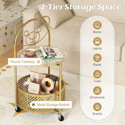 Dreamade Mobile Glass Coffee Table, 2-Tier Round End Table with Bear Pattern, Storage Basket, Metal Frame