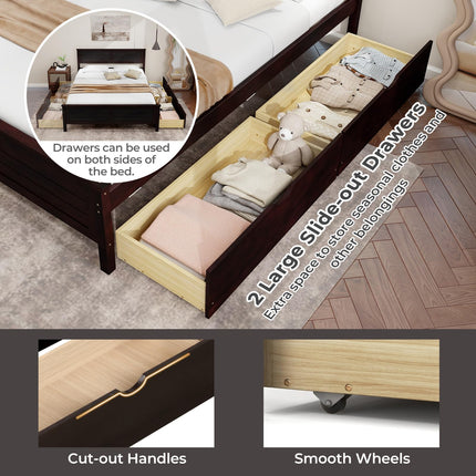 Dreamade Wood Full Size Bed Frame with 2 Storage Drawers, Solid Wood Platform Bed with Headboard