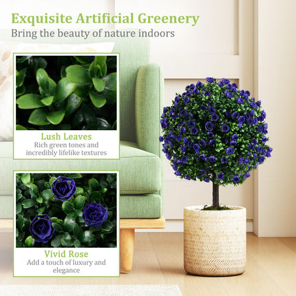 Dreamade 22'' Artificial Purple Rose Topiary Ball Tree Set of 2 Faux Potted Plants Artificial Shrubs Bushes with Flowers