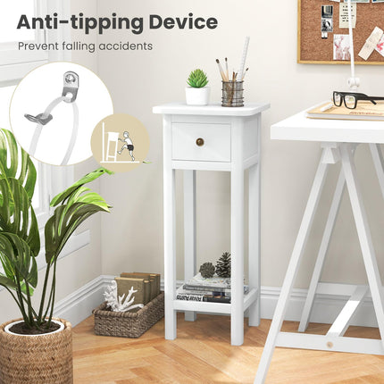Dreamade Narrow End Table with Drawer, Tall Acacia Wood Side Table with Bottom Shelf, Modern Bedside Tables