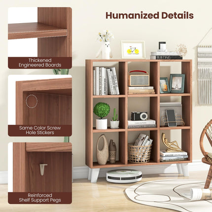 Dreamade 9-Cube Open Bookcase, 3-Tier Freestanding Bookshelf with 4 Slanted Legs & 6 Removable Shelves