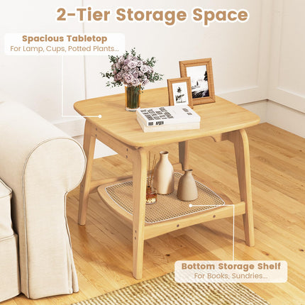 Dreamade Rattan Side Table, Boho End Table with Storage Shelf, 2-Tier Bedside Table for Small Spaces