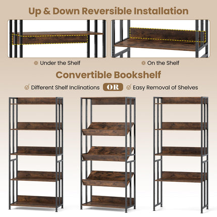 Dreamade 5-Tier Bookshelf, 62" Tall Bookcase w/Tiltable Shelves, Metal Frame, Convertible Display Storage Rack