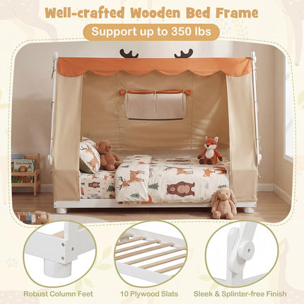 Dreamade Twin Size House Floor Wood Bed with Tent