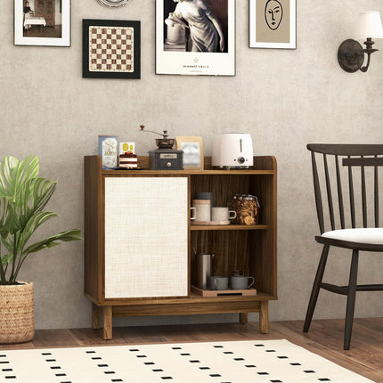 Dreamade Sideboard Cabinet, Farmhouse Buffet Storage Cabinet with Sliding Rattan Door, 2 Adjustable Shelves