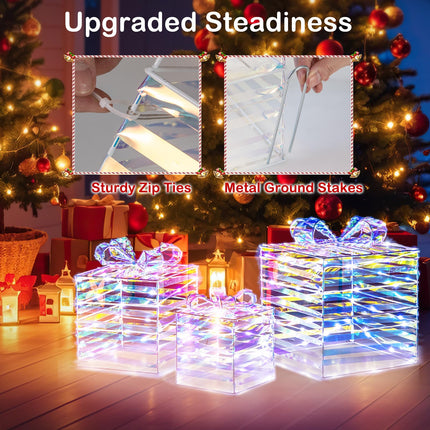 Dreamade 3 Pieces Christmas Lighted Gift Boxes, 90 LED Light up Present Boxes with Bows, Zip Ties & Ground Stakes