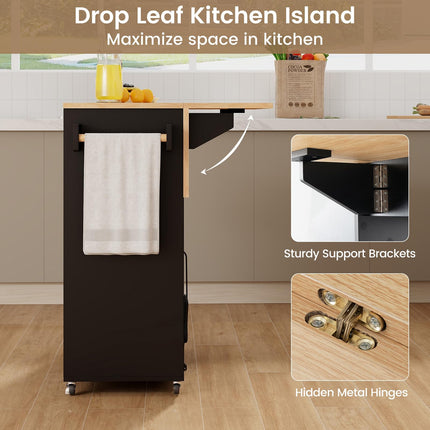 Dreamade Rolling Kitchen Island Cart with Drop Leaf, Power Outlet, Spice Rack, 12 Wine Rack