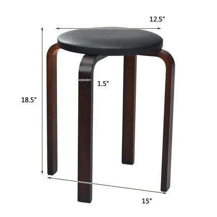 4-Pack Bentwood Stack Stools, 18.5-Inch Portable Stools with PU Leather Round Top, Non-Slip Foot Mats