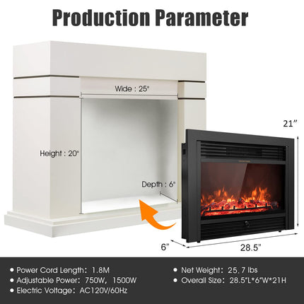 Dreamade 28.5" Electric Fireplace Insert Recessed Mounted with 3 Color Adjustable Flames