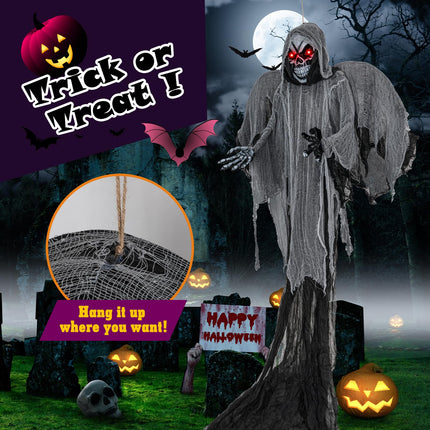 Dreamade Hanging Halloween Decoration, 12.1 Ft Skeleton Ghost with Flickering Red Eyes, Scary Sounds
