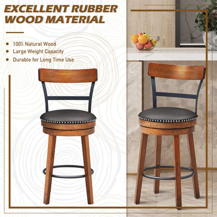 360-Degree Swivel Stools with Leather Padded Seat, Single Slat Ladder Back & Solid Rubber Wood Legs