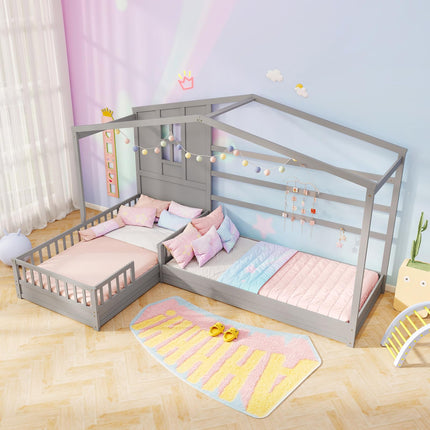 Dreamade Double Twin Beds for Kids, House L-Shaped Platform Beds with Window & Fences