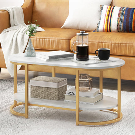 Dreamade White Marble Coffee Table - Modern 2-Tier Center Table w/Open Storage Shelf