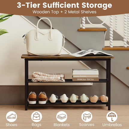 Dreamade 3-Tier Shoe Bench 32" L Shoe Organizer Storage Bench with Metal Slat Shelves & Seat