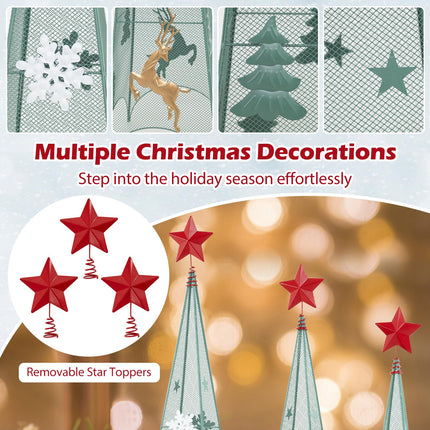 Dreamade Set of 3 Tower Shaped Christmas Trees (3ft/3.5ft/4ft), Artificial Xmas Metal Trees with Removable Star Toppers & Reindeer