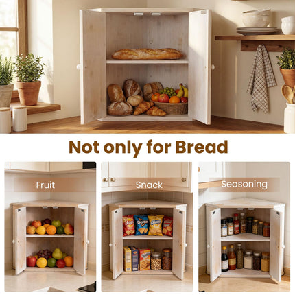 Dreamade Corner Bread Box for Kitchen Countertop | Bamboo Wood Storage Bin with 2-Tier Pantry Shelves
